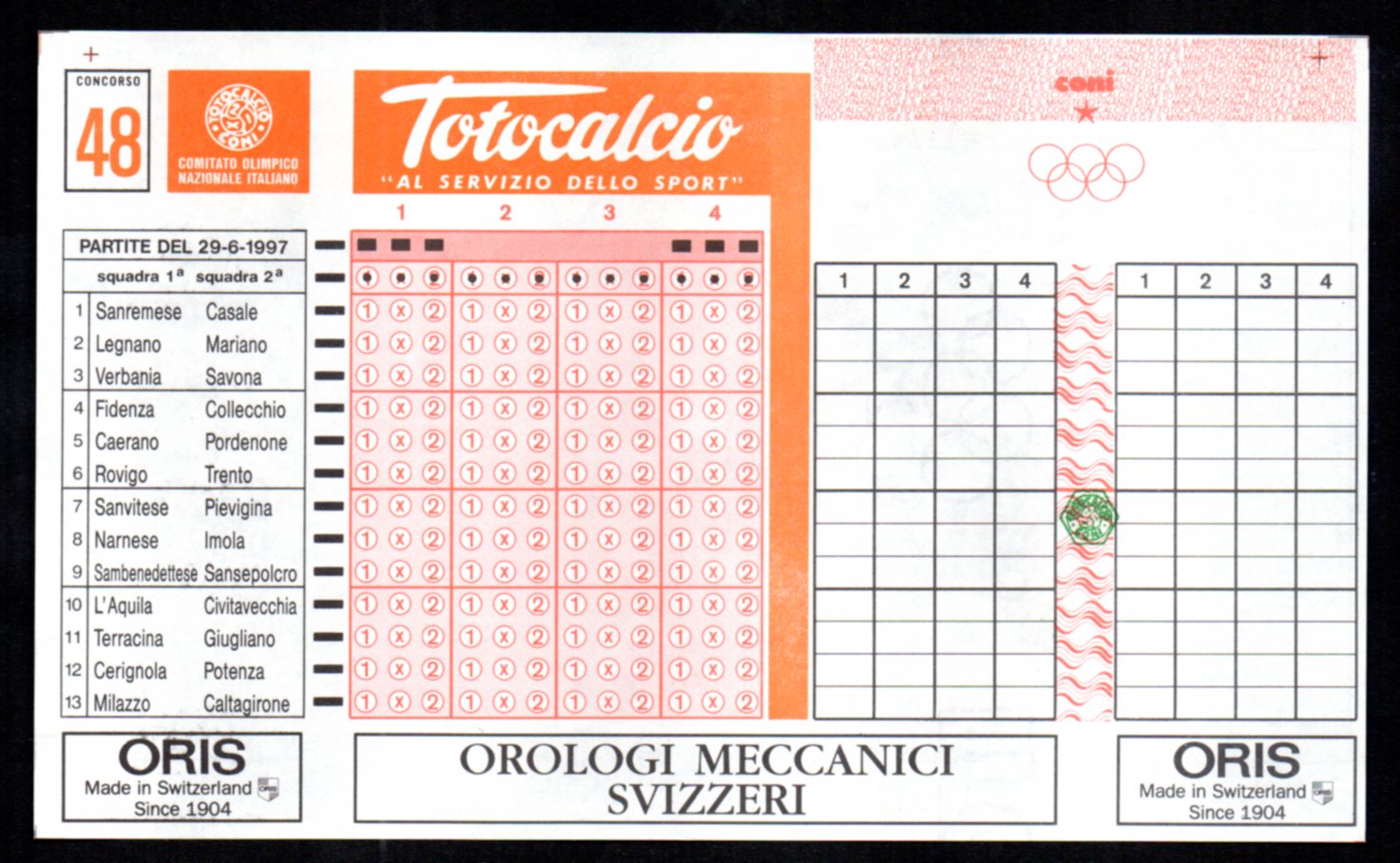 Pordenone calcio in schedina  Totocalcio  1997   2